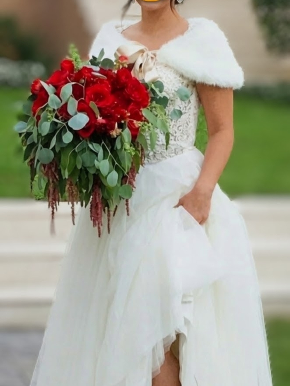 Ivory Lace Bodice Tulle Wedding Gown with Fur Bolero